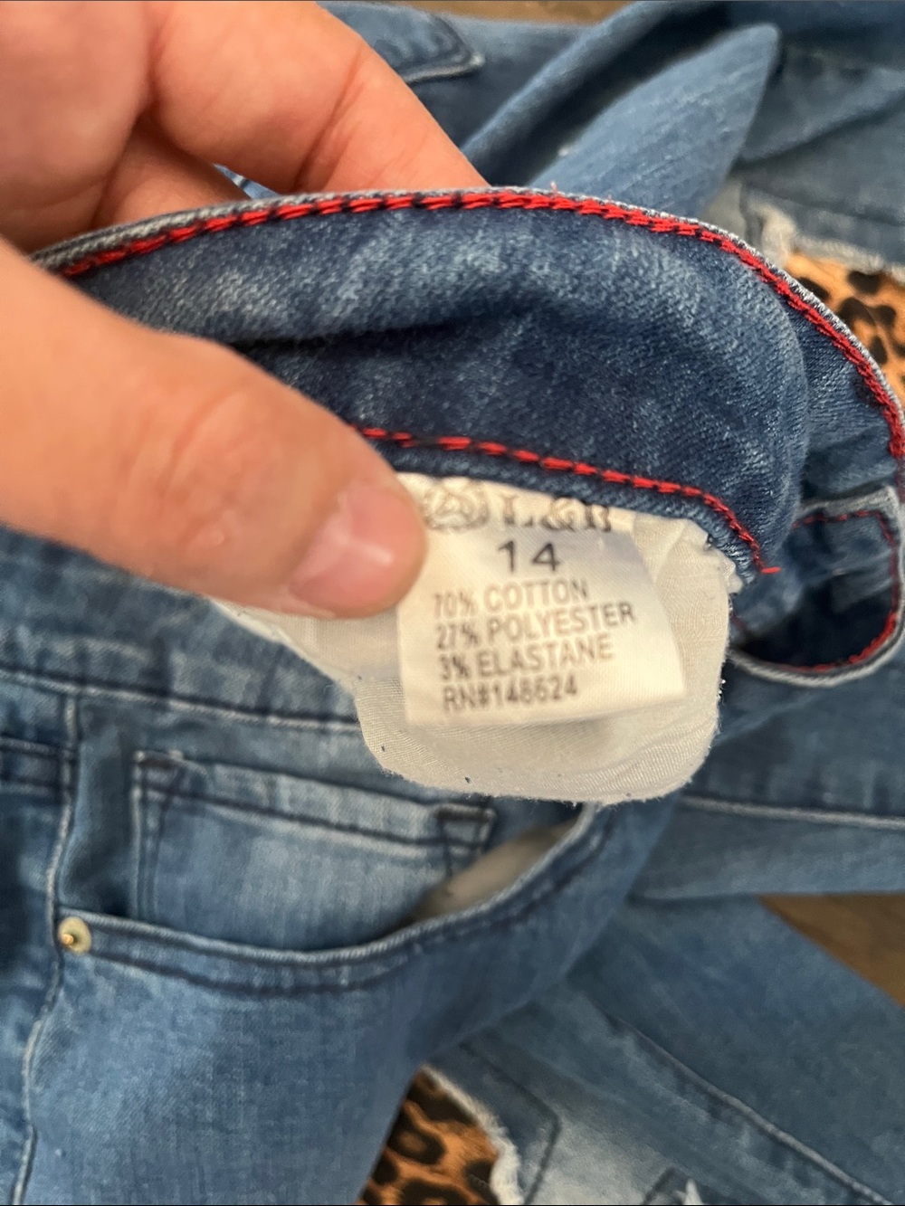 Lucky & Blessed Distressed Blue Jeans with Leopard Patch Accents - Picture 3 of 5